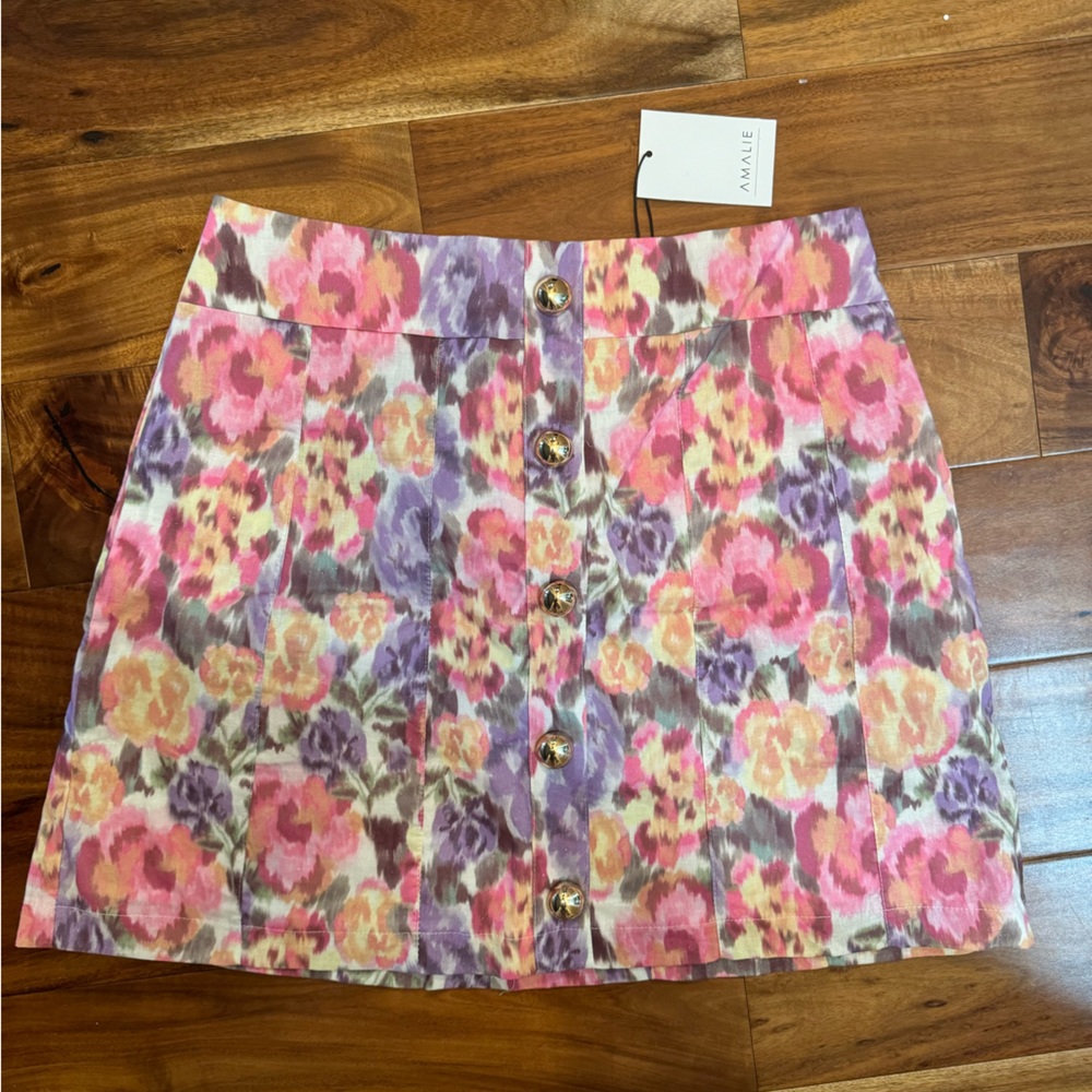 Cosette Linen Blend High Waisted Button Through A Line Skirt in Aurora Floral